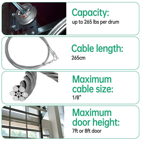Garage Door Torsion Spring Conversion Kit For 7 Foot High Doors With Cable Rollers, beefed-up cables and specifications chart