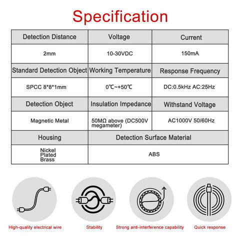 Pro Grade M6 Inductive Proximity Sensor Switch Non Shield Type LJ6A3-2-Z AX 2mm Detect Range, 10-30VDC, 150mA, NPN Normally Closed, 3 Wire, Gray Metal Body, 78-Inch Cable specification sheet