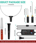 Hot foam cutter kit with curved wire loop, wooden-handle knife, pen-style cutter, and digital voltage controller.