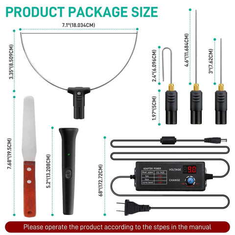 Hot foam cutter kit with curved wire loop, wooden-handle knife, pen-style cutter, and digital voltage controller.