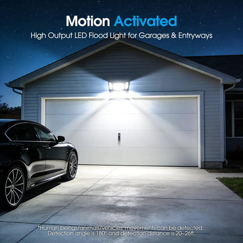 Extra Bright Solar Motion Sensor Flood Lights For Outdoors 318 LEDs 600LM illuminating garage entrance at night.
