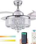 36 Inch Dimmable Fandelier Ceiling Fan With Remote And Light Kit Crystal Retractable Blades Polished Chrome Modern Chandelier