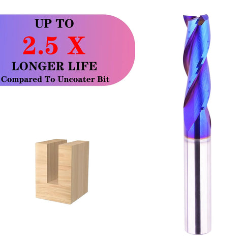 Three Eighths Inch Shank Spiral CNC Router Bit Solid Carbide End Mill Three Flute Up Cut Blue Coated next to wood block
