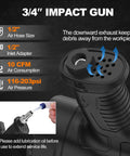 Air impact gun features with air hose size, inlet adapter, air consumption, and lubrication instructions for Pro Grade Three Quarter Inch Air Impact Wrench With Twin Hammer Drive Delivering 2100 Ft Lbs Of Raw Torque At 6000 Rpm Free Speed Built As A Shop Floor Beast To Efficiently Yank Rusted Studs Off Any Muscle Car Or Daily Driver Project.