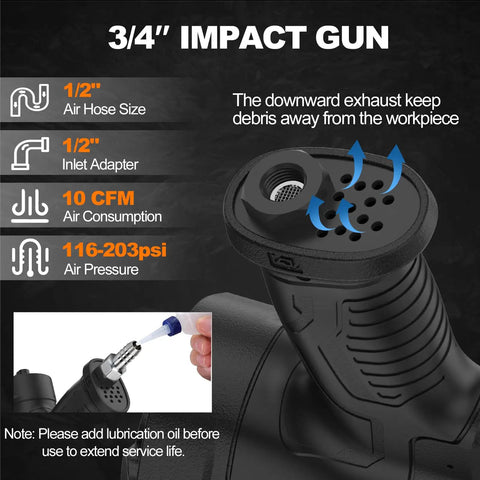 Air impact gun features with air hose size, inlet adapter, air consumption, and lubrication instructions for Pro Grade Three Quarter Inch Air Impact Wrench With Twin Hammer Drive Delivering 2100 Ft Lbs Of Raw Torque At 6000 Rpm Free Speed Built As A Shop Floor Beast To Efficiently Yank Rusted Studs Off Any Muscle Car Or Daily Driver Project.