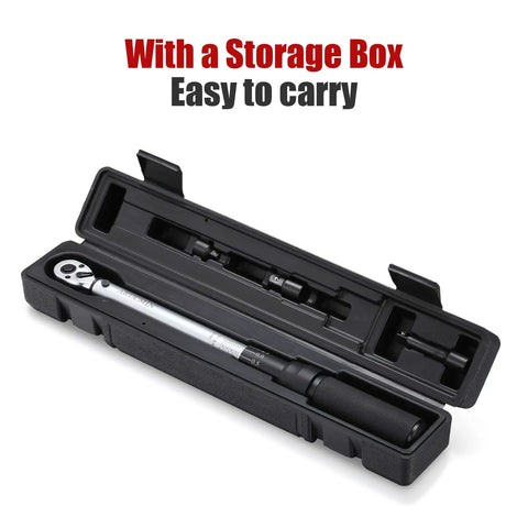 Beefy 3/8-Inch Drive Click Torque Wrench With 10-100 Ft-Lb / 15-135 Nm Range in storage box, dual-direction adjustable tool.