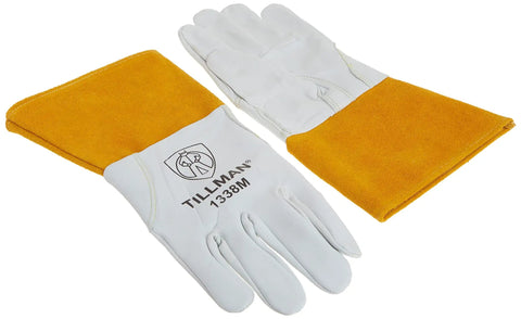 1338M Goatskin Tig Glove With Cuff Medium White Gold Welders Gear shown flat with gold protective cuffs
