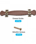 Leather Drawer Pulls Set of 2 6.3 Inch Brown Handles with M4x22mm Screws, visible brown leather and aluminum construction.
