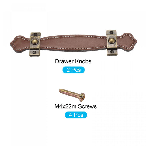 Leather Drawer Pulls Set of 2 6.3 Inch Brown Handles with M4x22mm Screws, visible brown leather and aluminum construction.