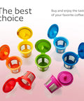 Seven Pack Reusable K Cups For Single Serve Coffee Makers No Fuss BPA Free Refillable Pods In Seven Colors Open and Arranged
