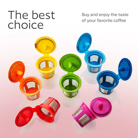 Seven Pack Reusable K Cups For Single Serve Coffee Makers No Fuss BPA Free Refillable Pods In Seven Colors Open and Arranged