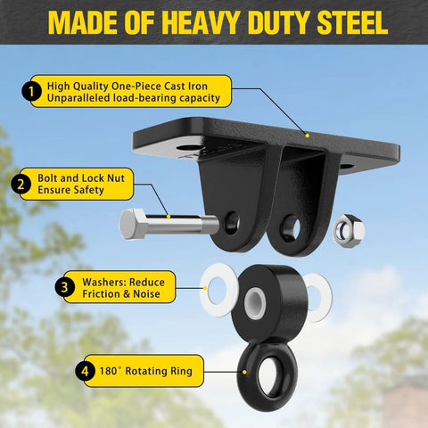 Detailed view of components from A-Frame Swing Set Brackets Kit With Four Beefy Swing Hangers And Heavy Duty Mounting Hardware For Porch Yard.