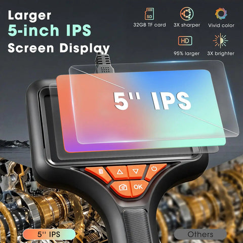 Pro Grade 5 Inch Triple Lens Handheld Endoscope With Light And Screen 1080P HD Borescope, 5-inch IPS display close-up