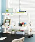 Clamp On Desk Shelf Organizer with Adjustable Two Tier Metal Rack and Four Hooks, Space Saving Desktop Caddy for Office Supplies, White