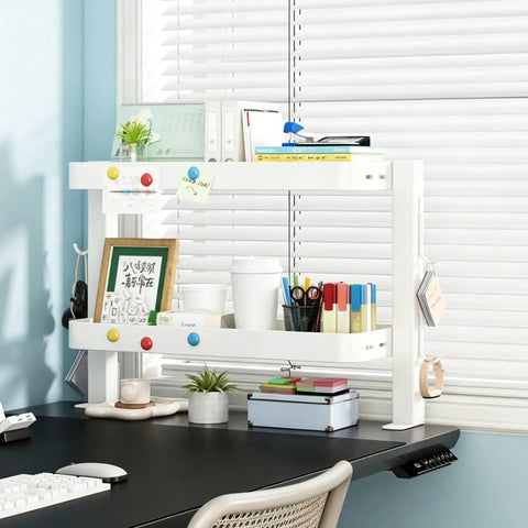 Clamp On Desk Shelf Organizer with Adjustable Two Tier Metal Rack and Four Hooks, Space Saving Desktop Caddy for Office Supplies, White