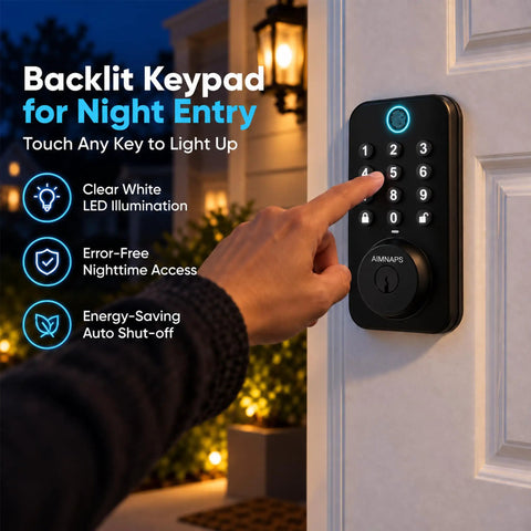 Lightning Fast Biometric Fingerprint Deadbolt with backlit keypad for night entry, showing clear LED illumination and easy access.