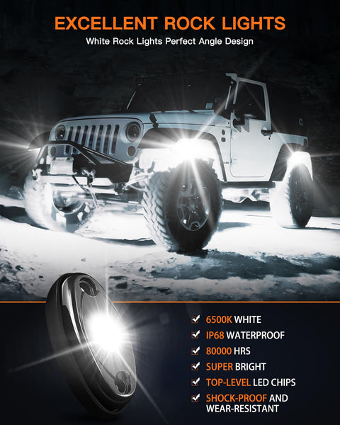 SUV equipped with Pure White LED Rock Lights Kit With Rocker Switch Harness illuminating off-road terrain at night