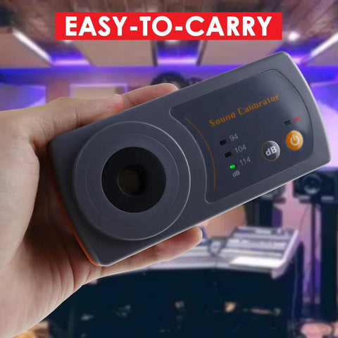 Person holding a Pro Grade Battery Operated Sound Level Calibrator For Decibel Meters with three calibration levels in studio.
