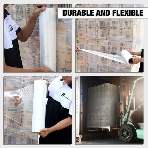 Person using Badass Heavy Duty Stretch Wrap 18 Inch Clear Packing Film 1200 Feet Long to secure pallets for moving.