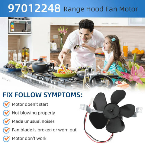 Direct Fit BP17 Range Hood Fan Motor Replacement infographic with father and daughter cooking, showing symptoms like broken motor.