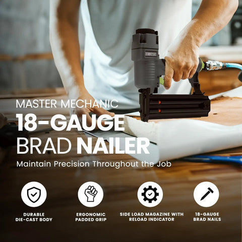 Killer Pneumatic 18 Gauge Brad Nailer crafted light as a feather, shown in use for precision trim work on a wooden surface.