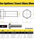 Diagram and size chart of 1/4-20 hex bolt from Thirty Set Quarter Inch By Twenty Hex Bolt Kit With Nuts Flat Washers And Split Lock Washers 120 Pieces 304 Stainless Steel SAE Fasteners For Mechanical Assembly Repairs And DIY Projects