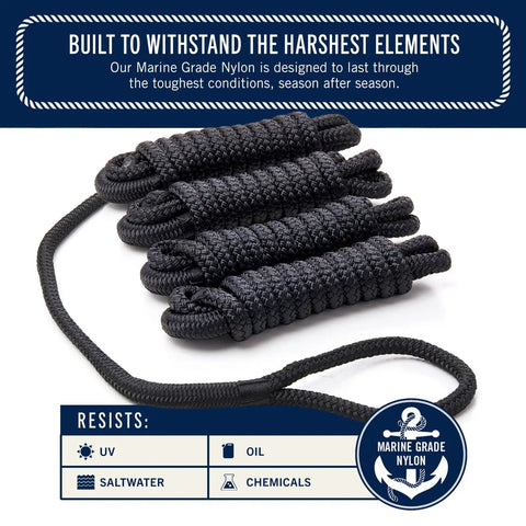 Four Pack Six Foot Dock Lines With Five Inch Loops Premium Three Eighths Inch Double Braided Nylon Mooring Rope For Boating Black Fender Lines