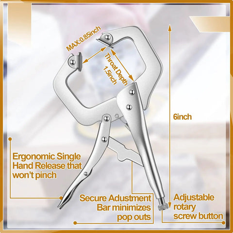 10 Piece Locking C Clamp Set With Adjustable Pliers For Welding, Regular Tip And Swivel Pad, Heavy Duty Pro Grade Tool For Shop Or Home Projects, Farm Or Auto Workshop, Woodworking And Cabinetry Repairs, 6 Inch, with 6-inch size callouts