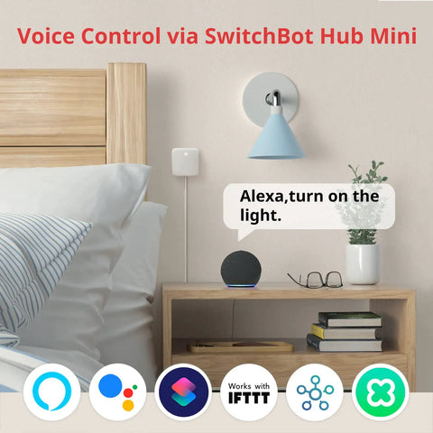 Bedroom with Fingerbot Button Pusher for Rocker Switches and One Way Buttons Bluetooth Smart Control, featuring app and voice control.