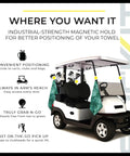 Heavy Duty Magnetic Golf Towel With Top Tier Neodymium Magnet For Carts And Clubs displayed on golf cart for easy access.