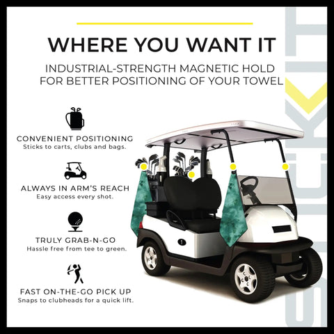 Heavy Duty Magnetic Golf Towel With Top Tier Neodymium Magnet For Carts And Clubs displayed on golf cart for easy access.