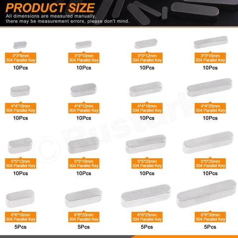 140Pcs Key Stock Set, 304 Stainless Keystock Kit With Round Ended Feather Keys in various sizes shown with dimensions