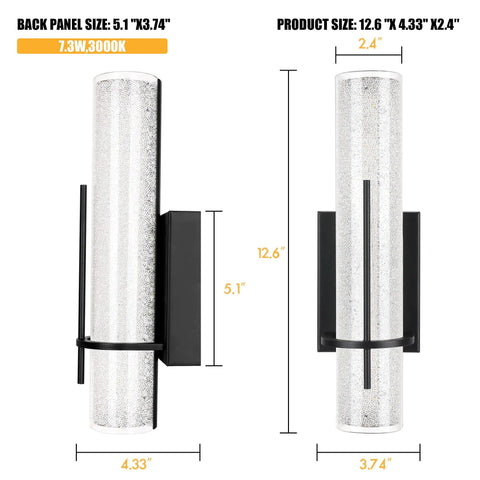 Dope Modern Black LED Wall Sconce Set of Two for Living Room and Hallway with Crystal Glass No Bulbs Needed Horizontal or Vertical Mount