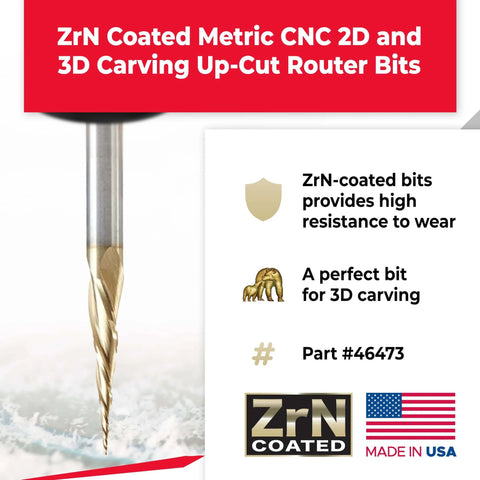 Pro Grade CNC Carving Ball Nose Router Bit Angled 6.2 Degree ZrN Coated 0.5 Dia 0.25 Rad 75mm Shank 3 Flute Model 46473