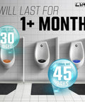 Three urinals with black microfiber mats, part of 12 Pack Urinal Mats For Men Restrooms No Fuss Odor Control Ultra Absorbent Microfiber Mats Large Black Mats For Commercial Bathrooms Traps Spills And Keeps Bathrooms Fresh installed beneath each in a commercial bathroom, featuring text about duration.