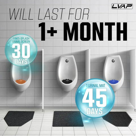 Three urinals with black microfiber mats, part of 12 Pack Urinal Mats For Men Restrooms No Fuss Odor Control Ultra Absorbent Microfiber Mats Large Black Mats For Commercial Bathrooms Traps Spills And Keeps Bathrooms Fresh installed beneath each in a commercial bathroom, featuring text about duration.