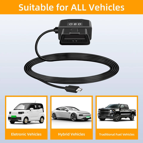 Straight USB C OBD Power Cable For Dash Cams, 11.5 Ft, with OBD connector and cable suitable for all vehicle types.