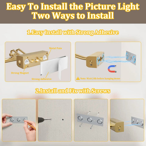Cordless Battery Operated Picture Light With 4000mAh Rechargeable Battery, Remote Control, installation guide with adhesive and screws