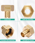 Heavy Duty Solid Brass Garden Hose Adapter Swivel Connector From One Half Inch PEX Barb To Three Quarter Inch GHT Female For Lawn Irrigation Boat RV Water Systems No Tools Needed For Easy Setup Leakproof 360 Degree Swivel, brass fitting close-up
