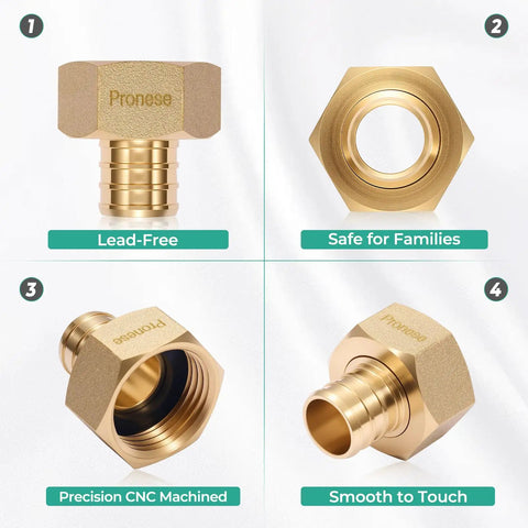 Heavy Duty Solid Brass Garden Hose Adapter Swivel Connector From One Half Inch PEX Barb To Three Quarter Inch GHT Female For Lawn Irrigation Boat RV Water Systems No Tools Needed For Easy Setup Leakproof 360 Degree Swivel, brass fitting close-up