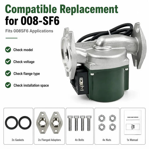 Badgeass Heavy Duty Hot Water Circulator Pump Compatible With 008 Sf6 Models For Hydronic Heating Systems Stainless Steel 115 Volt Replacement showing installation components and pump details.