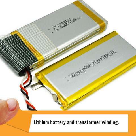 Lithium battery and transformer winding wrapped with polyimide tape, showing heat resistance and insulation features.