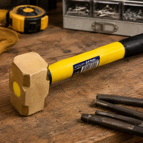Two Pound Brass Head Sledge Hammer With Fiberglass Handle, Workhorse Impact Tool For Demolition on a wooden workbench