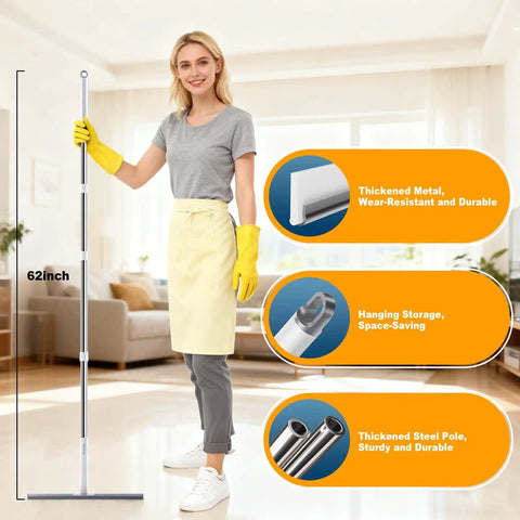 Woman holding Heavy Duty Floor Squeegee For Wet Surfaces Like Concrete And Tile, Rugged Rubber Blade, Sturdy Aluminum Base, Adjustable Long Handle, Ideal Garage And Commercial Scrubber Mop For Fast Water Pickup And Dry Floors.