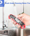 Digital Meat Thermometer for Cooking and Grilling with Instant Read, Waterproof Foldable Probe, shown being washed under running water