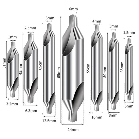 Center Drill Bits Set Built Tough With High Speed Steel, 7 Pc 60 Degree Countersink Tool Kit For Lathe Metalworking, sizes shown