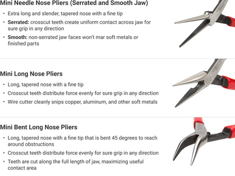 Close-up of serrated and smooth mini needle nose, long nose, bent long nose pliers from Mini Pliers Set With Roll Case 8 Piece Precision Pliers Kit Including Needle Nose Smooth Jaw Needle Nose Long Nose Bent Long Nose Flat Nose Smooth Jaw Flat Nose Diagonal Cutting And End Cutting Pliers For Fine Detail Work