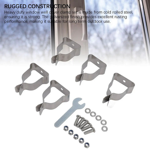Durable Window Well Cover Hardware Kit Featuring Heavy Duty Cold Rolled Steel Spring Clamps And Zinc Plated Clips For Secure Basement Protection Against Weather Damage And Outdoor Wear, five clamps and hardware