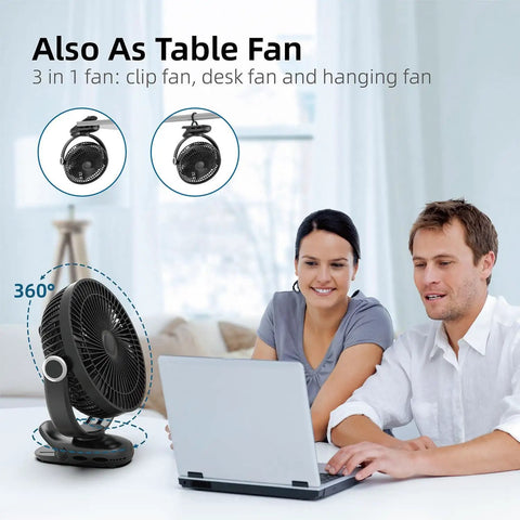 All Day Cool On The Go Clip On Fan With 10000mAh Battery 8 Inch Blade USB Powered Four Speed Settings Strong Airflow on desk