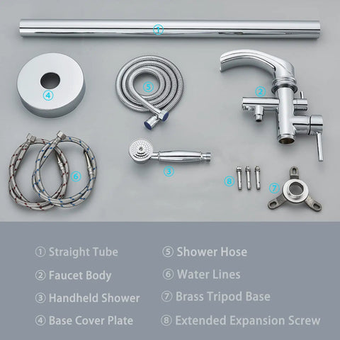 Freestanding Bathtub Faucet With Hand Shower Set Floor Mounted Waterfall Tub Filler Single Handle Chrome Polished Bath Fixtures Includes Hot And Cold Lines With 3/8 Inch Connectors For Easy Install Sedal Ceramic Disk Cartridge parts layout